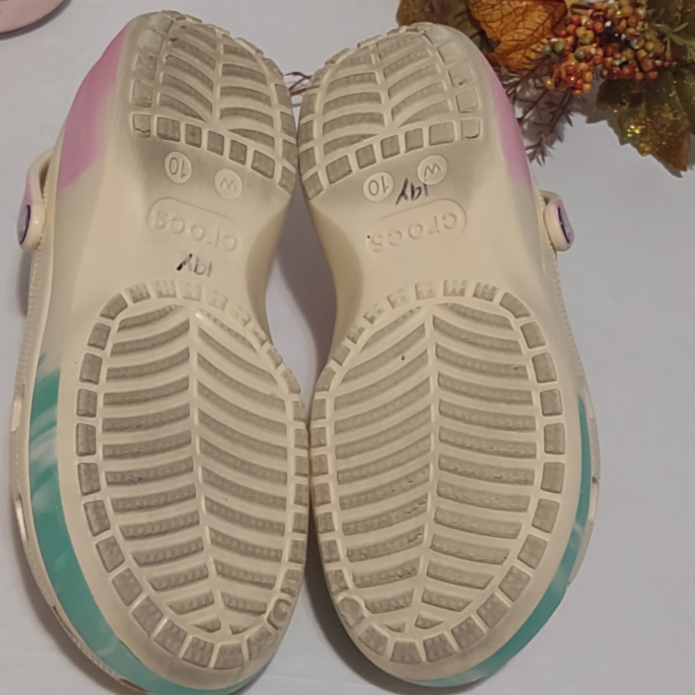 CROCS Women Cream Sandals with Pink and Teal Accents - Picture 2 of 3